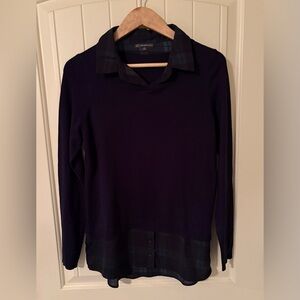 Adrianna Papell Navy Sweater with Dark Green Plaid Collar